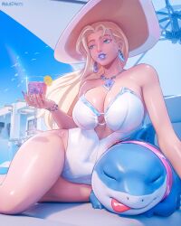 1girls big_ass big_breasts bikini blonde_hair cleavage emma_frost emma_frost_(marvel_rivals) emma_frost_(white_wave_queen) female female_focus jeff_the_land_shark marvel marvel_rivals mikadawn sweat sweatdrop swimsuit thick_thighs thighs voluptuous wet