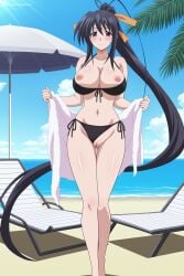 1girl ai_generated akeno_himejima artist_name ass_visible_through_thighs beach beach_umbrella bible_black bikini bikini_bottom_aside black_bikini black_hair blue_sky blush breasts cleavage closed_mouth clothing_aside cloud collarbone day digitalwaifugallery front-tie_top hair_between_eyes hair_ribbon hi_res high_quality high_resolution horizon large_breasts long_hair looking_at_viewer navel nipples ocean orange_ribbon outdoors palm_tree patreon ponytail purple_eyes pussy ribbon sand seductive sexy side-tie_bikini_bottom sky solo standing swimsuit thigh_gap towel tree umbrella uncensored very_long_hair water watermark yellow_ribbon