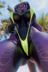 abs anthro athletic_anthro athletic_female bedroom_eyes big_ass big_breasts black_body black_scales black_teeth blue_sky breasts butt clothing clouds cobra curvy curvy_body curvy_female curvy_figure curvy_hips female female_only grin grinning grinning_at_viewer looking_at_viewer low-angle_view narrowed_eyes navel_piercing one_piece_swimsuit palm_leaf palm_tree pattern_clothing piercing plant pose presenting presenting_breasts presenting_hindquarters presenting_pussy purple_body purple_scales radioicetive scales seductive seductive_look sharp_teeth sky sling_bikini smile smiling smiling_at_viewer snake snake_girl snake_hood snake_tail solo solo_female sunlight swimsuit swimwear tail teasing teasing_viewer teeth thick thick_ass thick_thighs tight_clothing tree voluptuous voluptuous_body voluptuous_female wet wet_body wet_clothes wet_skin wide_hips