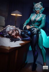 2girls ai_generated animal_ears ass bent_over black_bodysuit black_cat_(marvel) bodysuit breasts cleavage desk domino_mask fox_ears fur_trim futa_with_female futanari gloves grey_hair high_heels indoors jacket jewelry large_breasts latex long_hair marvel marvel_rivals mask multiple_girls necktie paper philon sex sex_from_behind stable_diffusion standing suit tail torn_clothes white_fox_(marvel_rivals) white_hair yuri