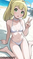 1girl :o ahoge ai_generated arm_support bangs barefoot beach bikini blonde_hair blush braid breasts brokewyt choker cloud collarbone day eyelashes green_eyes hand_up hi_res high_quality high_resolution highres lillie_(pokemon) long_hair looking_at_viewer navel nintendo open_mouth outdoors pokemon pokemon_sm ponytail sand shore sitting sky solo swimsuit uncensored v wariza water white_bikini white_choker