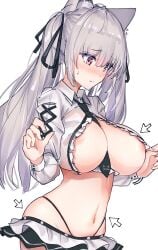 1girl animal_ears areola_slip arrow_(symbol) aruvina_(gu_luco) between_breasts breasts cat_ears cleavage collared_shirt crop_top frilled_shirt frills grey_hair grey_shirt gu_luco hair_ribbon highleg highres huge_breasts long_hair long_sleeves looking_down microskirt midriff navel necktie no_bra original red_eyes ribbon shirt short_necktie simple_background skindentation skirt solo stomach twintails upper_body white_background