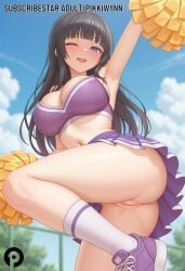 1girl ai_generated arm_up armpits ass bang_dream! bangs bare_shoulders black_hair blue_sky blunt_bangs blush breasts cheerleader cleavage cleft_of_venus crop_top day from_below holding large_breasts long_hair looking_at_viewer midriff miniskirt navel no_panties one_eye_closed open_mouth outdoors pikkiwynn pleated_skirt pom_pom_(cheerleading) purple_eyes purple_footwear purple_skirt pussy shirokane_rinko shoes skirt sky smile sneakers socks solo standing thighs uncensored white_socks