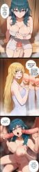 1girls 3boys 3koma after_fellatio ai_generated blue_hair breast_grab byleth_(fire_emblem) byleth_(fire_emblem)_(female) caressing_testicles casual_sex comic dialogue english_text faceless_male fire_emblem fire_emblem:_three_houses girl_on_top grabbing_another's_breast groping group_sex handjob ingrid_brandl_galatea instant_loss inviting_to_sex jerking_off large_breasts naked_towel nipple_slip orgy reverse_cowgirl_position saliva_trail sauna sex speech_bubble teacher tittyg-ai towel vaginal_penetration watching_masturbation