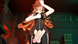 3d 3d_(artwork) big_breasts big_penis clothed flaccid flaccid_penis futanari genshin_impact holding_head mavuika_(genshin_impact) penis penis_out runeiteer story_at_source thick_thighs undressing