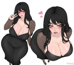 1girls 2d big_breasts black_dress black_hair black_nail_polish black_nails chainsaw_man cleavage curvy_figure eyelashes heart heart_symbol huge_breasts long_eyelashes looking_at_viewer makeup massive_breasts mitaka_asa nail_polish orange_eyes peace_sign scar scar_on_face simple_background solo tight_clothing tongue_out v1olette17 white_background yoru_(chainsaw_man)