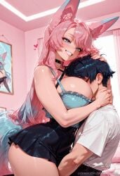 1boy 1girl ai_generated animal_ear_fluff animal_ears between_breasts black_choker blonde_hair blue_skin blush breast_smother breasts brown_hair choker colored_skin face_to_breasts grin head_between_breasts heart hetero hug indoors large_breasts long_hair purple_hair shirt silvervale skirt smile tail trinity_vermilion vtuber wolf_ears wolf_tail yellow_eyes