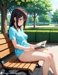 1girls ai_generated bench book bottomless breasts casual casual_nudity covered_nipples encoder female no_bra no_panties outdoors pantylines park public public_exposure public_nudity reading reading_book sitting t-shirt tree