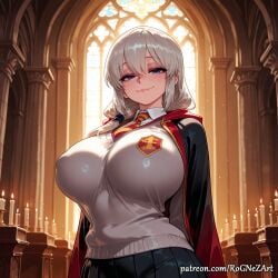 1girl 2026 ai_generated anime arms_behind_back bangs black_skirt blue_eyes boobs breasts candle cape cleavage closed_mouth collared_shirt covered_nipples crossover eye_contact female female_focus grey_hair hair_between_eyes half-closed_eyes highres hogwarts_school_uniform huge_breasts indoors inside large_breasts long_hair looking_at_viewer mature_female necktie neutral_expression nsfw patreon patreon_logo patreon_username pleated_skirt rognezart school_uniform shirt skirt smile smiling solo striped_necktie sweater uzaki-chan_wa_asobitai! uzaki_tsuki very_long_hair watermark web_address white_shirt