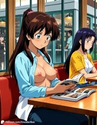 2girls ai_generated book breasts cafe casual casual_nudity denim encoder female indoors jeans nipples no_bra open_clothes open_shirt public public_exposure public_nudity reading reading_book shirt sitting table window