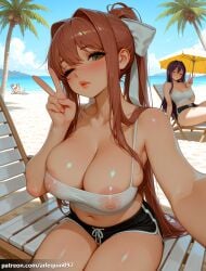 1boy 2girls 3girls ai_generated areola_slip arlequin097 artist_name bare_shoulders beach beach_chair beach_umbrella black_shorts blue_sky blush bow breasts brown_hair camisole chair cleavage closed_eyes collarbone covered_nipples crop_top day doki_doki_literature_club dolphin_shorts green_eyes hair_bow hair_intakes hair_ribbon large_breasts lips long_hair looking_at_viewer lounge_chair midriff monika_(doki_doki_literature_club) multiple_girls navel nipples ocean one_eye_closed outdoors palm_tree parasol patreon_logo patreon_username ponytail purple_hair ribbon sand see-through selfie short_shorts shorts sitting sky smile solo_focus thighs tree umbrella v very_long_hair white_ribbon yuri_(doki_doki_literature_club)