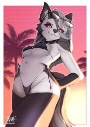 1female 1girl 1girls 2026 belly belly_button bikini bikini_bottom bikini_top black_bikini boobs breasts female female_only flugublue furry furry_breasts furry_ears furry_female furry_only furry_tail glasses_on_head hellaverse helluva_boss loona_(helluva_boss) red_eyes tagme tail thighhighs tits white_fur