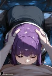 1girl ai_generated ass bangs blunt_bangs eyebrows_visible_through_hair fern_(sousou_no_frieren) frieren_beyond_journey's_end hand_on_another's_head headpat long_hair night on_stomach one_eye_closed out_of_frame pov pov_hands purple_eyes purple_hair sidelocks sky solo_focus sousou_no_frieren sunori tree