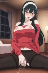 1girl ai_generated bare_shoulders bed bedroom black_hair black_pantyhose blush breasts breasts_out clothing_cutout collarbone curtains digitalwaifugallery dress earrings female_ejaculation female_masturbation female_orgasm fingering gold_earrings hairband hi_res high_quality high_resolution indoors jewelry large_breasts long_hair long_sleeves masturbation navel night nipples off-shoulder_sweater off_shoulder on_bed open_mouth orgasm pantyhose patreon pussy pussy_juice red_eyes red_sweater seductive sexy sidelocks sitting solo spread_legs spy_x_family sweater sweater_dress thighband_pantyhose thighs tongue tongue_out torn_clothes torn_pantyhose uncensored watermark white_hairband window wooden_floor yor_briar