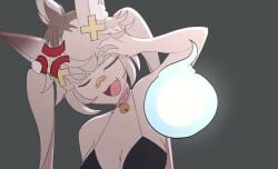 bandaid_on_face black_bikini collar_with_bell cross_hair_ornament flat_chest fox_ears fox_girl german_vtuber ghost happy_female lewdtuber pink_collar shirahiko_(vtuber) tagme thick_eyebrows twintails video virtual_youtuber vtuber