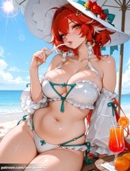 1girl ai_generated arlequin097 arm_support bare_shoulders beach beach_umbrella bikini blue_sky blush breasts changli_(wuthering_waves) cleavage cloud collarbone cup day detached_sleeves drinking_glass drinking_straw flower food frilled_bikini frills fruit hair_intakes hat holding large_breasts lips long_hair looking_at_viewer multicolored_hair navel ocean orange_(fruit) orange_eyes orange_slice outdoors red_hair sitting sky solo stomach strapless strapless_bikini sun sun_hat swimsuit thighs tropical_drink umbrella water white_bikini white_hair white_headwear wuthering_waves yellow_eyes