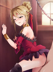 against_wall ass bare_shoulders blonde_hair blush bracelet brown_eyes censored female hair_bun highres human idolmaster idolmaster_million_live! kaiga legs looking_back male no_panties open_mouth penis sex skirt smile standing straight sweat tenkuubashi_tomoka thigh_boots thighs vaginal_penetration