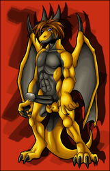 abs balls biceps black_penis blue_eyes brown_hair claws dragon erection furry hair horn looking_at_viewer male male_only muscles no_humans nude penis reptile scalie smile solo standing tyro_thunderdrone weirdhyenas wings yellow