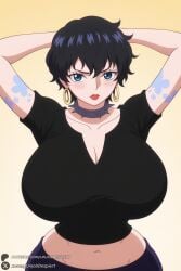 1female 1girl 1girls 2026 ai_generated arms_behind_head arms_up artist_name big_ass big_breasts black_hair black_shirt blue_eyes blush breasts cleavage collar curvy doll_(one_piece) earrings hi_res high_quality high_resolution highres hoop_earrings huge_ass huge_breasts jewelry lipstick looking_at_viewer makeup midriff navel one_piece patreon patreon_username shirt short_hair solo spiked_collar spikes tattoo unjobdespiert watermark