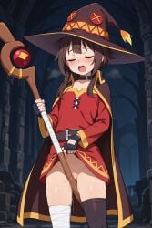 ai_generated breathtaker cameltoe cape closed_eyes dress dress_lift dungeon fingerless_gloves gloves grinding hat hi_res juicy_pussy kono_subarashii_sekai_ni_shukufuku_wo! konosuba megumin moan moaning orgasm orgasm_face pussy pussy_juice standing stockings wet witch witch_hat