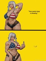 3d 3d_(artwork) 4k abs american_flag_bikini big_breasts blender blender_(software) chaoslord comic daisy_dukes fangs fit_female flipping_off huge_breasts multiple_images panty_straps pulling_down_pants shorts showing_pussy sole_female tagme text thick thick_thighs thong_bikini tongue_out voluptuous_female white_hair wide_hips yellow_eyes zentreya zentreya_(cowboy_bikini)