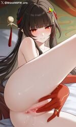 1girls ai ai_generated brown_hair honkai:_star_rail honkai_(series) lies lingsha_(honkai:_star_rail) looking_at_viewer masturbation red_eyes shineinsfw smile solo