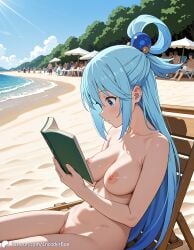 1girls ai_generated aqua_(konosuba) beach beach_umbrella book breasts casual casual_nudity encoder female kono_subarashii_sekai_ni_shukufuku_wo! lounge_chair naked naked_female nature nipples no_bra nude nude_female outdoors public public_exposure public_nudity pussy reading reading_book sand sea sitting vagina