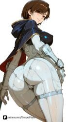 1girl ai_generated artist_name ass ass_focus bangs blush bodysuit breasts brown_eyes brown_hair cameltoe cape closed_mouth covered_nipples evie_(stellar_blade) from_behind gauntlets gloves hood hood_down large_breasts looking_at_viewer looking_back patreon questionable sensitive shift_up shiny short_hair simple_background skin_tight smile solo stellar_blade stellar_blade:_blood_rain sweat thighs wet white_background