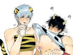 2boys bandeau bite_mark blush chinese_zodiac cow_boy cow_ears cow_horns gay gintama gintoki_sakata hijikata_toshiro lactation licking_lips light_blue_hair male male_lactation male_only milk nipples official_alternate_costume pecs shirt_lift shirt_up smile tears tiger_boy tiger_ears tiger_print tiger_tail tube_top upper_body yaoi year_of_the_ox year_of_the_tiger