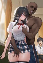 1girls 2boy ai_generated breasts dark-skinned_male dark_skin female fingering hetero hikigaya_hachiman in_front_of_cuckold interracial light-skinned_female light_skin male male/female male_fingered male_fingering_female my_teen_romantic_comedy_snafu netorare ntr orangeo_(artist) pale-skinned_female pale_skin school_uniform schoolgirl skirt straight yahari_ore_no_seishun_lovecome_wa_machigatteiru. yukinoshita_yukino