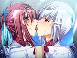 2girls blue_eyes blush cum facial game_cg goshujinsama_daisuki kissing kuu_spitfire long_hair multiple_girls murakumo_sakura open_mouth red_eyes red_hair school_uniform silver_hair