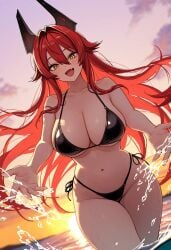 1girls ai_generated beach bikini breasts curvy curvy_figure female female_only goddess_of_victory:_nikke golden_eyes large_breasts open_mouth red_hair red_hood_(nikke) smile