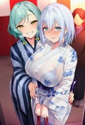 ai_generated bang_dream! blush hikawa_hina in_public kurata_mashiro white_hair yukata