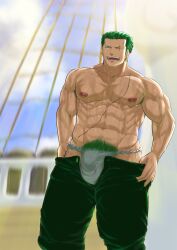 1boy abs armpit_hair bara bara_body bara_tiddies bara_tits barazoku beefy biceps big_bulge big_dick_energy big_penis bigger_male broad_shoulders bulge bulge_through_clothing dated defined_muscles earrings exibitionism frown frowning fundoshi gay green_armpit_hair green_hair green_pubic_hair hairy hairy_male half-dressed half_naked half_nude hunk japanese_male larger_male looking_away male male_focus male_only manly masculine_male muscles muscular muscular_male one_piece pants_pull pecs pecs_bigger_than_head pectorals penis penis_bulge pirate post-timeskip pubic_hair public_indecency roronoa_zoro scar scar_across_eye scar_on_chest scar_on_face scars ship_deck six_pack sky smile solo solo_focus solo_male sweat sweatdrop sweating sweaty syakenokumasan tall_male taller_male tough_guy trapezius underwear yaoi