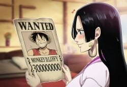 ai_generated black_hair blush boa_hancock comic earrings female monkey_d_luffy noberu one_piece smile