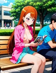 1boy 1girls ai_generated bench book breasts casual casual_nudity encoder female male nipples no_bra open_shirt outdoors park public public_exposure public_nudity reading reading_book shirt sitting skirt tree