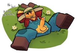 blocky_body dick erection grass hat legs_spread looking_at_viewer lying_on_back lying_on_floor minigunner_(tds) precum ripped_clothing roblox tied_hands tower_defense_simulator