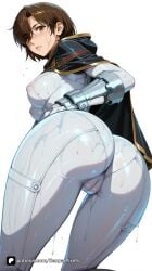 1girl ai_generated artist_name ass blush breasts brown_eyes brown_hair cameltoe cape covered_nipples evie_(stellar_blade) from_behind hair_over_one_eye large_breasts looking_at_viewer looking_back medium_breasts nipples pants pantylines patreon questionable see-through senpai_pixels shift_up short_hair simple_background skin_tight solo stellar_blade stellar_blade:_blood_rain wet wet_clothes white_background white_pants