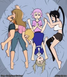 1boy 4girls artist_name barefoot bed black_eyes black_hair black_thighhighs blonde_hair blue_dress commissioner_name covered_erect_nipples crona_(soul_eater) denim dress elizabeth_thompson garabato high_ponytail implied_after_sex jeans maka_albarn multiple_girls nakatsukasa_tsubaki on_bed pants patricia_thompson pink_hair pink_shirt ponytail pussy_juice_stain rolling_eyes sailor_collar shirt short_hair shorts siblings single_thighhigh sleeping soul_eater sweat tank_top thighhighs tongue tongue_out twins twintails