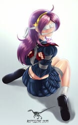 arms_behind_back athena_asamiya blindfold blush bondage bound_wrists box_tie female female_only fingerless_gloves gagged gloves human king_of_fighters kneeling long_hair purple_hair reptileye rope school_uniform serafuku simple_background solo tied_up white_legwear