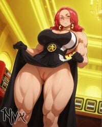 ai_generated baccarat_(one_piece) big_breasts blushing dress dress_lift female_focus female_only fit_female gloves hi_res high_quality high_resolution huge_breasts muscular_arms muscular_female muscular_legs muscular_thighs no_panties nyxanimeart one_piece pussy pussy_focus red_hair smirk smirking solo_female standing strong_female thick_thighs uncensored veins visible_pussy watermark