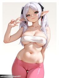 1girl ai_generated arlequin097 arm_behind_back bandeau bare_shoulders black_ribbon blush breasts cameltoe cleavage closed_mouth collarbone covered_nipples cowboy_shot earrings elf frieren frieren_beyond_journey's_end green_eyes grey_hair hair_ribbon hand_up jewelry large_breasts long_hair looking_at_viewer navel pants parted_bangs patreon_username pink_pants pointy_ears ribbon simple_background skindentation smile solo stomach strapless thick_eyebrows thigh_gap tight_clothes tight_pants tube_top twintails underboob v w white_hair yoga_pants