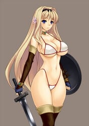 bikini bikini_armor blonde_hair blue_eyes boots breasts choker curvy elbow_gloves fingerless_gloves flower gloves hair_flower hair_ornament highleg highleg_bikini hips kusugawa_sasara large_breasts long_hair rindou_(radical_dream) shield stockings swimsuit sword thigh_boots thighhighs to_heart_(series) to_heart_2 to_heart_2_dungeon_travelers underboob weapon wide_hips