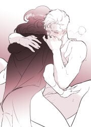 1boy 1girl anal black_cape black_hair blush cape commentary dc_comics futa_on_male futa_with_male futanari highres hug long_hair rushi_(mousang) sex short_hair spread_legs steve_trevor sweat white_hair wonder_woman wonder_woman_(series)