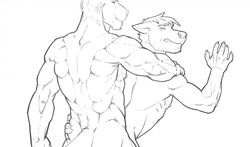 anal anal_sex anthro back biceps canine clenched_teeth closed_eyes from_behind fur furry gay hair line_art male muscles nipples nude penetration plain_background superslickslasher white_background