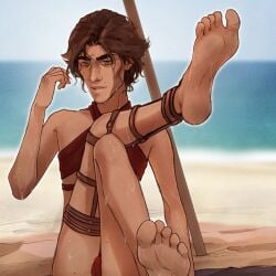 2d 2d_(artwork) arcane arcane_viktor beach beach_background bikini bikini_bottom bikini_top brown_hair clothed clothed_male color colored cute cute_male digital_media_(artwork) disabled_male ellenchain feet feet_focus feet_up feminine_male fully_clothed leg_brace male/male male_in_bikini male_in_lingerie male_only mole_above_mouth outside public red_bikini sand soles solo solo_male suggestive summer toes viktor_(league_of_legends) water yaoi