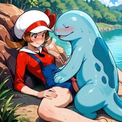 ai_generated blush brown_hair clothed clothed_female clothed_female_nude_male enticing hand_on_thigh hands_on_thighs hat hidden hidden_sex hiding imminent_sex interspecies lake laying_back legs_apart legs_held_open legs_open legs_spread lyra_(pokemon) nervous outdoors overalls petite petite_body petite_breasts petite_female petite_tits pokemon pokemon_(species) pokephilia quagsire rock rubbing rubbing_penis rubbing_pussy sitting spread_legs spreading steam sweat tagme water wet wet_body wet_skin