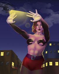 abs alternate_version_available big_breasts breasts breasts_out brown_hair_female brunette casual_exposure casual_nudity city city_background cityscape covered_nipples cunty dc dc_comics doom_patrol giant giantess hands_casting_shadow helicopter muscular muscular_female public public_exposure public_nudity rita_farr scarltchaosjnx shadow short_hair spotlight spotlight_beam superheroine toned toned_female topless topless_female unbothered