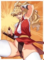 1girls ass_visible_through_thighs big_breasts black_panties black_underwear blonde blonde-haired_female blonde_female blonde_hair breasts brown_eyes commentary_request female final_fight final_fight_2 holding_weapon japanese_clothes kimono large_breasts long_hair maki_genryusai muscular muscular_female ninja ogami panties pantyshot pantyshot_(standing) ponytail street_fighter_alpha thick_thighs thighhighs thighs tonfa underwear upskirt white_thighhighs