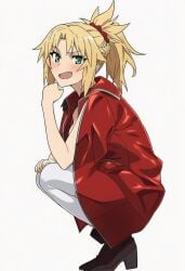 ai_generated blonde_female blonde_hair green_eyes licking_lips looking_at_viewer mordred_(fate) mordred_(fate)_(all) mordred_(fate/apocrypha) ponytail red_jacket small_breasts smiling_at_viewer spread_legs spread_pussy spreading stockings stockings_only thighs thighs_high tongue uncensored uncensored_breasts uncensored_nipples uncensored_pussy uncensored_vagina